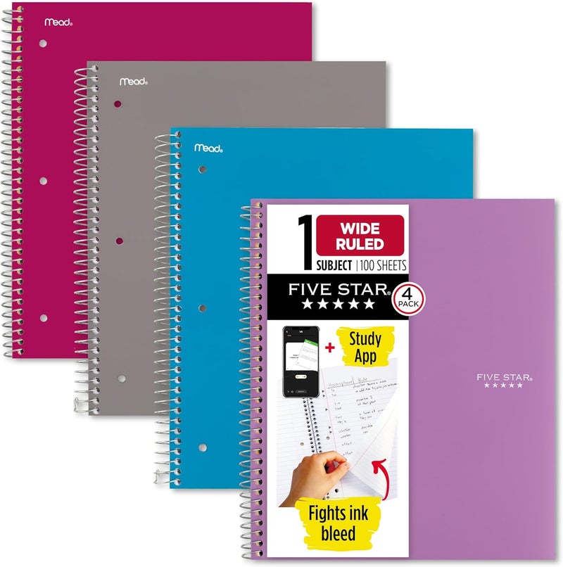 Five Star Spiral Notebook + Study App, 4 Pack, 1 Subject, Wide Ruled Paper, 8" x 10-1/2", 100 Sheets, Fights Ink Bleed, Water Resistant Cover, Purple, Pink, Gray and Blue (930105-ECM) - Image 1